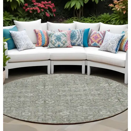 8' Round Cream and Tan Round Floral Washable Non Skid Indoor Outdoor Area Rug Photo 1