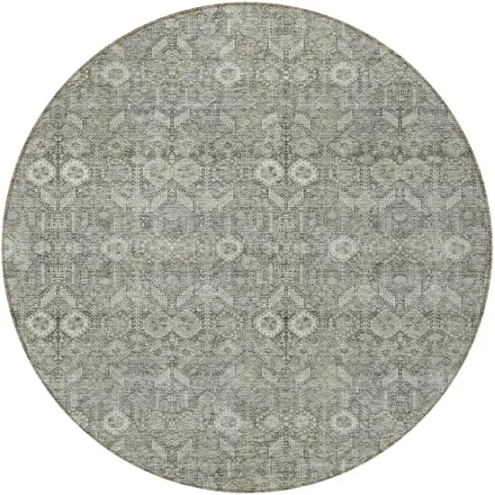 8' Round Cream and Tan Round Floral Washable Non Skid Indoor Outdoor Area Rug Photo 5