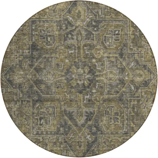 8' Round Dark Moss Green and Gray Round Oriental Washable Non Skid Indoor Outdoor Area Rug Photo 2