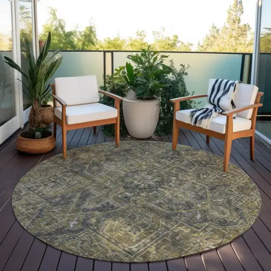 8' Round Dark Moss Green and Gray Round Oriental Washable Non Skid Indoor Outdoor Area Rug Photo 8