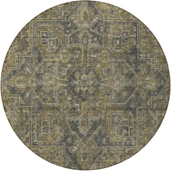 8' Round Dark Moss Green and Gray Round Oriental Washable Non Skid Indoor Outdoor Area Rug Photo 5