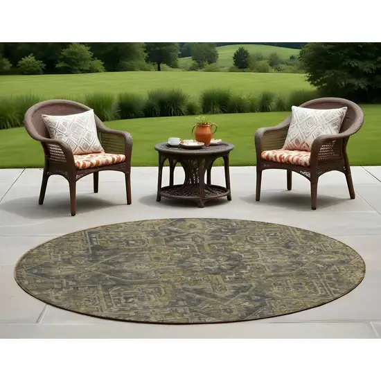 8' Round Dark Moss Green and Gray Round Oriental Washable Non Skid Indoor Outdoor Area Rug Photo 1