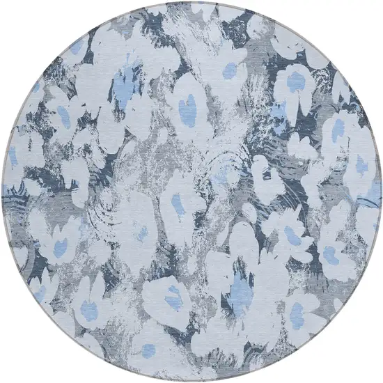 8' Round Denim Blue Round Floral Washable Non Skid Indoor Outdoor Area Rug Photo 2