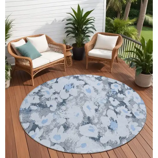 8' Round Denim Blue Round Floral Washable Non Skid Indoor Outdoor Area Rug Photo 1