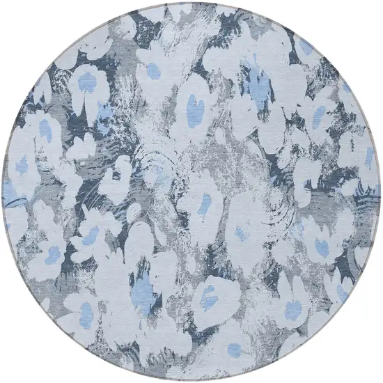 8' Round Denim Blue Round Floral Washable Non Skid Indoor Outdoor Area Rug Photo 5