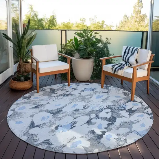 Denim Blue Round Floral Washable Non Skid Indoor Outdoor Area Rug Photo 8