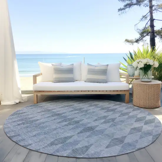 8' Round Denim Blue Round Geometric Washable Non Skid Indoor Outdoor Area Rug Photo 8