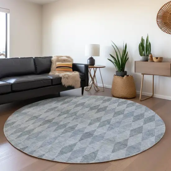 8' Round Denim Blue Round Geometric Washable Non Skid Indoor Outdoor Area Rug Photo 9