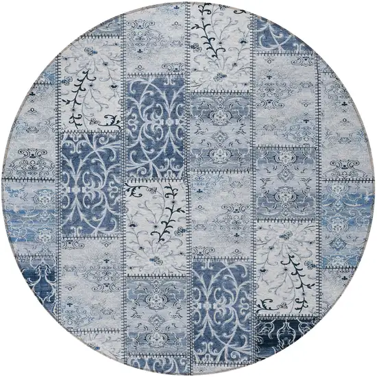 8' Round Denim Blue Round Patchwork Washable Non Skid Indoor Outdoor Area Rug Photo 5