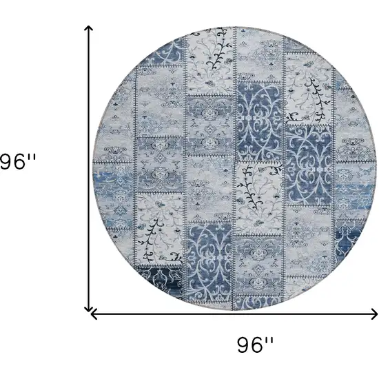 8' Round Denim Blue Round Patchwork Washable Non Skid Indoor Outdoor Area Rug Photo 3