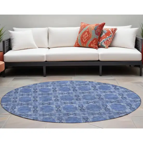 8' Round Denim Blue and Gray Round Floral Medallion Washable Non Skid Indoor Outdoor Area Rug Photo 1