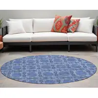 Photo of 8' Round Denim Blue and Gray Round Floral Medallion Washable Non Skid Indoor Outdoor Area Rug