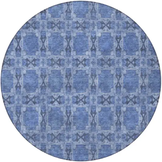 8' Round Denim Blue and Gray Round Floral Medallion Washable Non Skid Indoor Outdoor Area Rug Photo 4