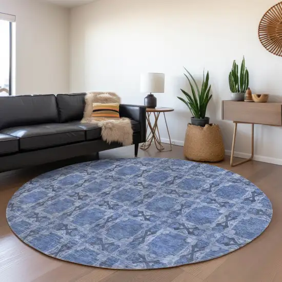 8' Round Denim Blue and Gray Round Floral Medallion Washable Non Skid Indoor Outdoor Area Rug Photo 9