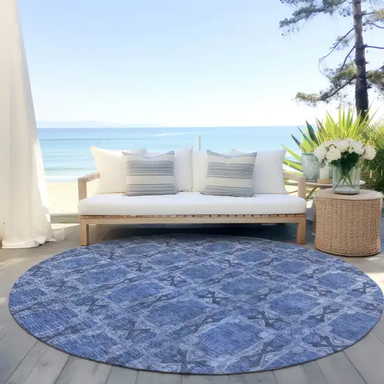 8' Round Denim Blue and Gray Round Floral Medallion Washable Non Skid Indoor Outdoor Area Rug Photo 8