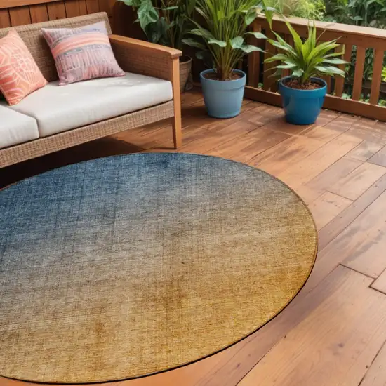 8' Round Denim and Gold Round Ombre Washable Non Skid Indoor Outdoor Area Rug Photo 1