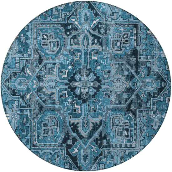 Denim and Gray Round Oriental Washable Non Skid Indoor Outdoor Area Rug Photo 4