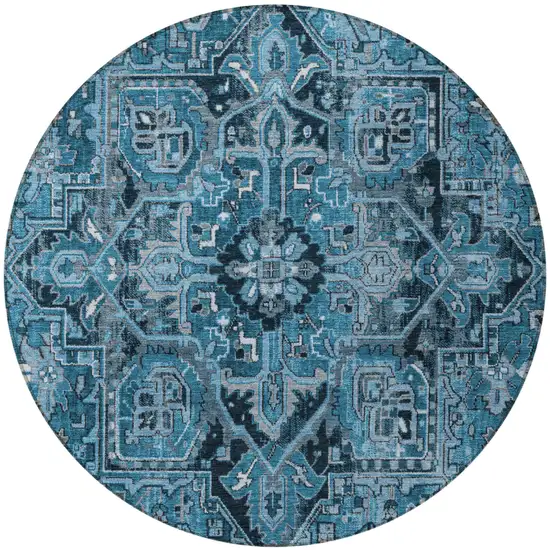 Denim and Gray Round Oriental Washable Non Skid Indoor Outdoor Area Rug Photo 5