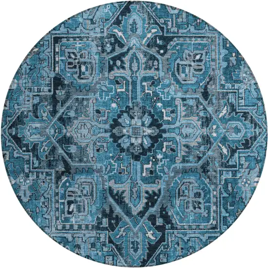 Denim and Gray Round Oriental Washable Non Skid Indoor Outdoor Area Rug Photo 2