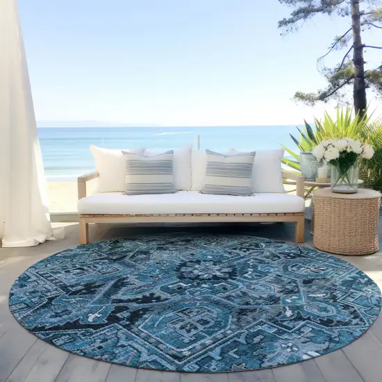 8' Round Denim and Gray Round Oriental Washable Non Skid Indoor Outdoor Area Rug Photo 8