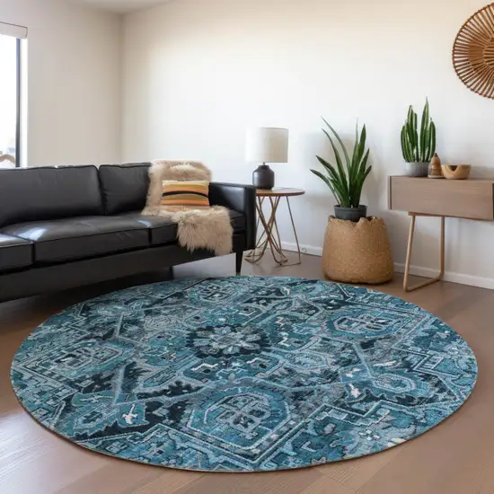 8' Round Denim and Gray Round Oriental Washable Non Skid Indoor Outdoor Area Rug Photo 9