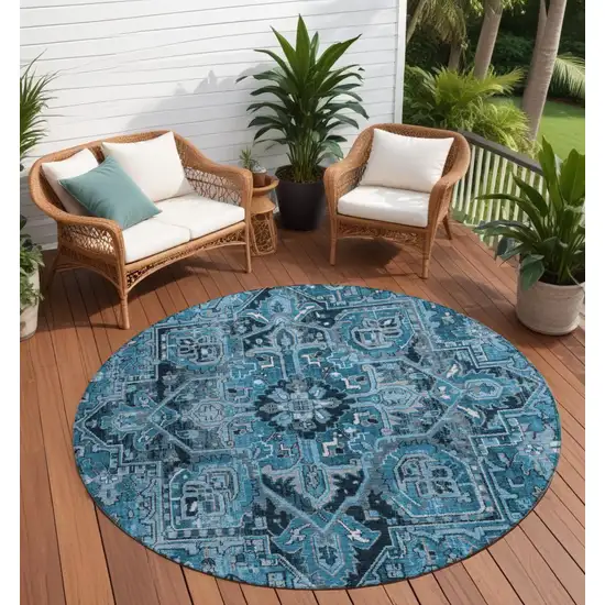 8' Round Denim and Gray Round Oriental Washable Non Skid Indoor Outdoor Area Rug Photo 1