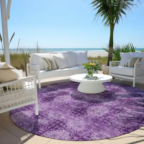 8' Round Eggplant Round Floral Medallion Washable Non Skid Indoor Outdoor Area Rug Photo 8