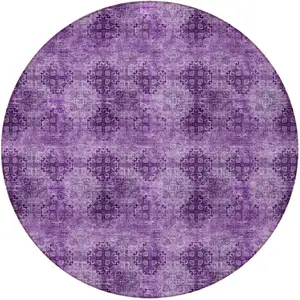 Photo of 8' Round Eggplant Round Floral Medallion Washable Non Skid Indoor Outdoor Area Rug