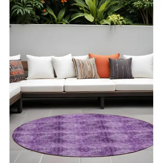 Eggplant Round Floral Medallion Washable Non Skid Indoor Outdoor Area Rug Photo 1