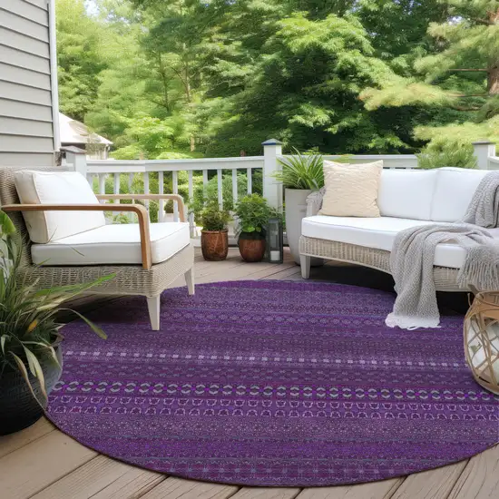 8' Round Eggplant Round Striped Washable Non Skid Indoor Outdoor Area Rug Photo 7