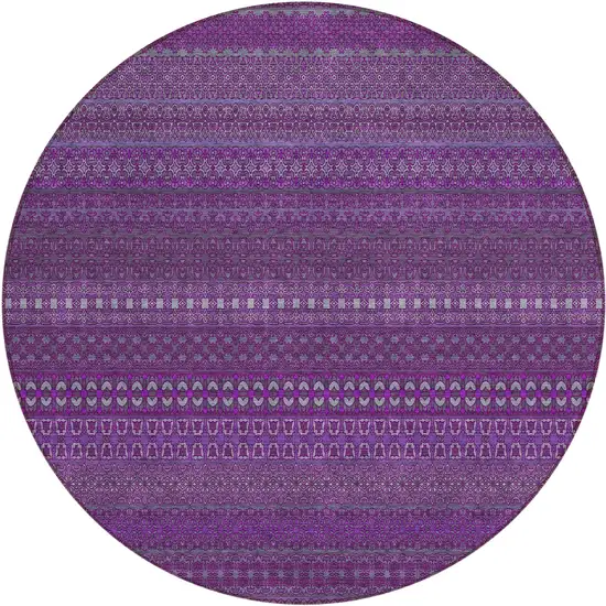 8' Round Eggplant Round Striped Washable Non Skid Indoor Outdoor Area Rug Photo 2