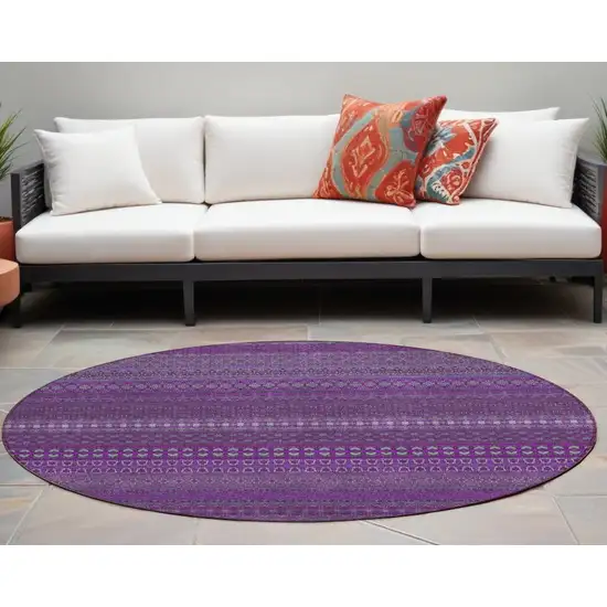 8' Round Eggplant Round Striped Washable Non Skid Indoor Outdoor Area Rug Photo 1