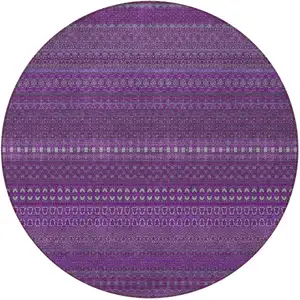 Photo of 8' Round Eggplant Round Striped Washable Non Skid Indoor Outdoor Area Rug