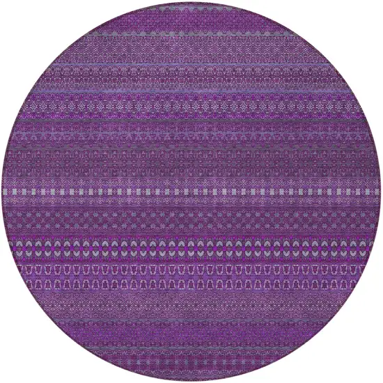 8' Round Eggplant Round Striped Washable Non Skid Indoor Outdoor Area Rug Photo 5