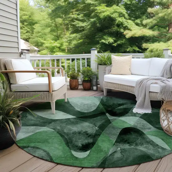 Fern Green Round Abstract Washable Non Skid Indoor Outdoor Area Rug Photo 8