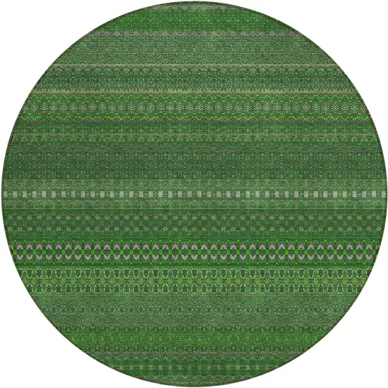 8' Round Fern Green Round Striped Washable Non Skid Indoor Outdoor Area Rug Photo 2