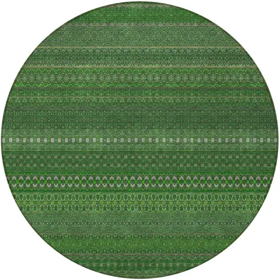 8' Round Fern Green Round Striped Washable Non Skid Indoor Outdoor Area Rug Photo 5