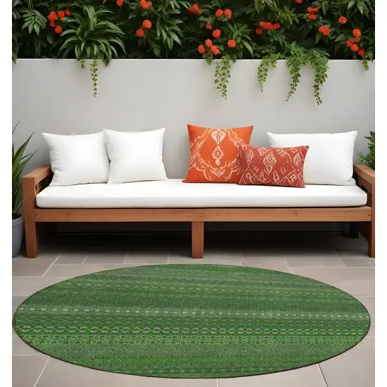 8' Round Fern Green Round Striped Washable Non Skid Indoor Outdoor Area Rug Photo 1