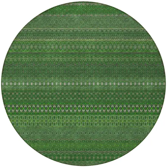 8' Round Fern Green Round Striped Washable Non Skid Indoor Outdoor Area Rug Photo 4