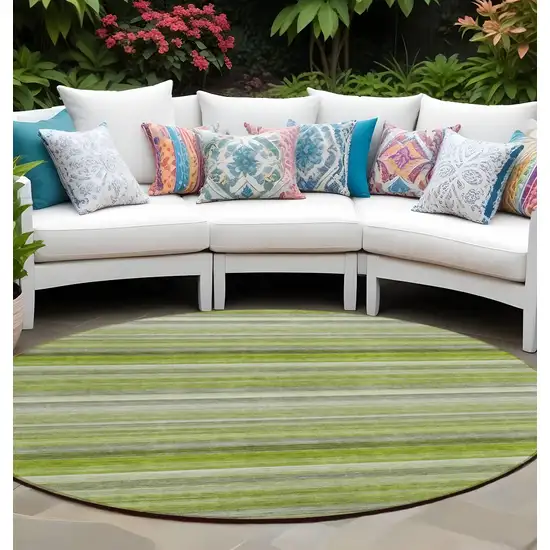 8' Round Fern Green Round Striped Washable Non Skid Indoor Outdoor Area Rug Photo 1