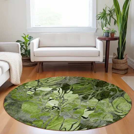 8' Round Fern Green and Gray Round Floral Washable Non Skid Indoor Outdoor Area Rug Photo 7