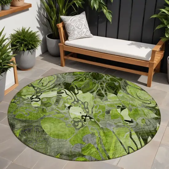 Fern Green and Gray Round Abstract Washable Indoor Outdoor Area Rug Photo 1