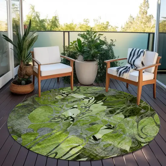 Fern Green and Gray Round Abstract Washable Indoor Outdoor Area Rug Photo 6