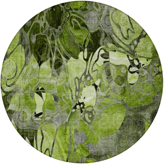 8' Round Fern Green and Gray Round Floral Washable Non Skid Indoor Outdoor Area Rug Photo 3