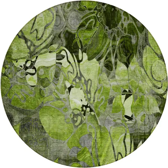 Fern Green and Gray Round Abstract Washable Indoor Outdoor Area Rug Photo 2