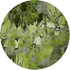 Photo of 8' Round Fern Green and Gray Round Floral Washable Non Skid Indoor Outdoor Area Rug