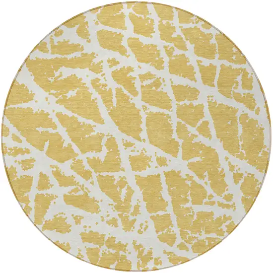 8' Round Gold and White Round Abstract Washable Non Skid Indoor Outdoor Area Rug Photo 5