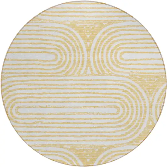 8' Round Gold and White Round Abstract Washable Non Skid Indoor Outdoor Area Rug Photo 2