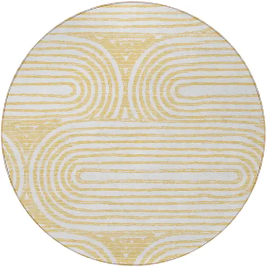 8' Round Gold and White Round Abstract Washable Non Skid Indoor Outdoor Area Rug Photo 4