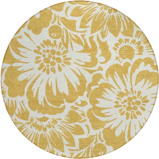 8' Round Gold and White Round Floral Washable Non Skid Indoor Outdoor Area Rug Photo 2